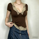 Pbong  Women's Vintage Style Short Sleeves T-shirts Slimming Brown V-Neck Lace Patchwork Casual Tops Summer All Match Clothes Fashion