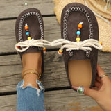 Pbong  Women New Slip-On Loafers Soft Bottom Suede Ethnic Style Flats Beaded Lace Up Casual Shoes Fashion Slippers Fashion