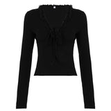 Pbong  V-neck Lace Patchwork Solid Color Skinny Long Sleeves T-shirts Women's Daily All Match Sexy Top Tees Fashion Basic New