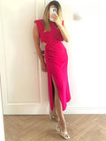 Pbong   Elegant Rose Red Party Dresses for Woman Ruched Sleeveless Split Cut Out Midi Dress Ladies Commuting Streetwear Vestido