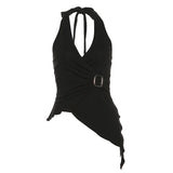 Sexy Deep V Halter Office Lady Casual Tank Top Cross Draped Slim Fit Y2k Aesthetic American Camis Streetwears Lrregular Tees
