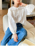 Elegant Pretty  Blouses Shirts Women Tops Floral Whole Piece Embroidery Long Sleeve O Neck Boho 100% Cotton Blouse Shirt Autumn