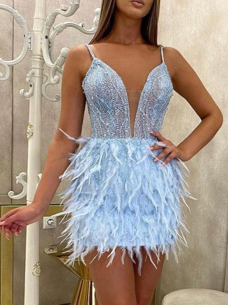Party Dress for Women Sexy Clothing Fashion V-neck Short Feather Banquet Evening Dress Straps Mini Skirts Woman Clothes