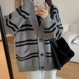 Women Cardigan Sweater Striped V-neck Button-up Sweater Jacket Comfy Cozy Slouchy Cardi Autumn Winter Casual Outfit