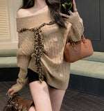 Sexy Off Shoulder Y2K Sweater Women Vintage Leopard Lace Up Knitted Jumper Casual Lazy Wind Long Sleeve Slash Neck Pullover