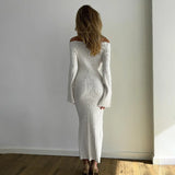 Knitted Slash Neck Long Sleeve Slim Long Dress For Women Autumn New Fashion Solid Flare Sleeve Casual Tight Female Dresses