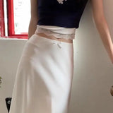 Elegant White Women Satin Skirt Fairycore Ruffle Mid Skirts Coquette A-line Basic Casual Korean Style Summer Silk Skirt