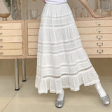 Pbong   White Skirts for Women High Waist A-line Chic Jupe Korean Summer Saia Lace Embroidery Sweet Long Skirt