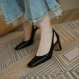 Pbong  Chunky Heels Normal Leather Casual High Block Heel Nude Ladies Footwear Office Women's Shoes Square Toe Pumps on Heeled 39 Offer