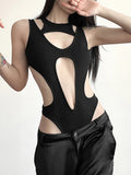 Pbong  Mall Gothic Hollow Out Sexy Bodysuits Techwear Fashion Y2k Patchwork Tops Women Backless High Cut Slim Bodysuit