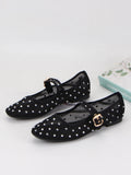 Pbong  Rhinestone Mesh Ballet Flats Women Shoes Summer Breathable Black Elegant Mary Janes Buckle Strap Casual Ladies Shoes Footwear