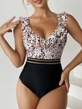 Leopard Ruffle  One Piece Swimsuit Women High Waist Mesh Tape Swimwear Female Beachwear V-neck Bathing Swimming Suit Summer