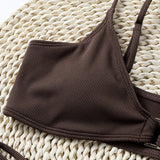 Rib Buckle Linked Thong Bikinis Women Sexy Swimsuit Solid Swimwear Female Padded Bathing Swimming Suit Beachwear Summer