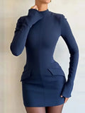  Patchwork Solid High Waist Mini Dress Female Fashion Long Sleeve Autumn Pocket Slim Dress Casual Women's Dress New