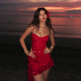 Ruffle Asymmetric Red Sexy Short Dress Fashion Y2K Slim V-neck Slip Dress 2025 New Sequins Shine Beach Vacation Dresses Vestidos