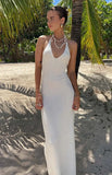 Halter Neck Knit Beach Long Dress Women Solid Color White Sleeveless Dresses For Vacation V Neck Bikini Swimming Sexy Cover-ups