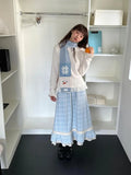 Autumn Winter Y2k Skirts Blue Plaid Woolen Vintage Plaid Lace Splicing Skirt High Waist Slimming A Word Long Skirt