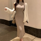 Pbong  Elegant Long Knitted Sleeveless High Collar Bodycon Dress Sexy Pure Color Korean Dongdaemun Style Comfortable Fit Dress