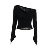 Autumn New Collection Gothic Style Sexy Slimming One-Shoulder Faux Fur Patchwork Long Sleeve Tops for Women