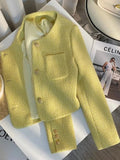 Yellow Sweet Tweed Jacket Women Elegant Retro Slim Long Sleeve Short Coat Korean O Neck Casual Fall Female Vintage Outwear