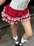 Pbong  Women Mini Skirt Summer Lace Trim Layered Ruffled Skirt Japanese Lolita Gothic Y2K Aesthetic Clothes