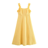 Fashion French Yellow Suspender Dress Long Dress 2025 Summer Ruflle Square Collar New Dress A-line Simple Fashion Woman Clothing