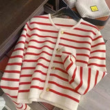 Pbong  Sweet Sle ort Knitted Sweater Cardigan Women's Soft Stripe Color Blo Autumn New Faion Anti-Aging round Ne