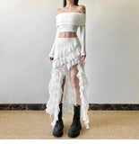 Elegant Tulle Ruffle Skirt Women Boho Lace Vintage White Irregular Skirt Korean Style Summer Layered Mid Skirts Street