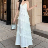 Pbong  Women's Light Green Sling Maxi Dress Ruffled Layered V-Neck Chiffon Elegant Casual Summer Party Long Dress