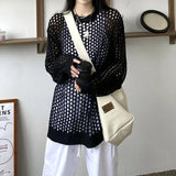 Oversized Crochet Top for Women Long Sleeve Crew Neck Casual Open-knit Sweater Pullovers Top Teen-girl Grunge Y2K Outfit