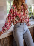 Pbong  Fashion Street Ruffle Top Retro Printed Round Neck Shirt Spring and Autumn Casual Loose Women's Shirt