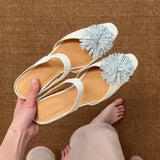 Pbong  Elegant Retro Firework Rhinestone Women's Sandals Fashionable Flat Heels Ultra-Soft Leather Inner Slip-On Summer Sandals