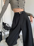 Fall Winter Elegant Gray Suits Pants for Women Office Lady High Waist Wide Leg Fashion Trousers with Pockets Black Pants
