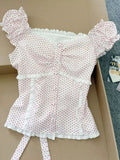 2000s French Elegant Polka Dot Short Sleeve T Shirts Y2k Summer Harajuku Vintage Sweet Slim Tees Japanese Style Kawaii Tops Chic
