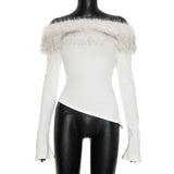Pbong  New Autumn Furry Patchwork Long Sleeve Off-Shoulder Asymmetric Top Women's Fashion One Shoulder Temperament Elegant Top