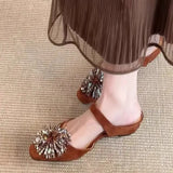 Pbong  Elegant Retro Firework Rhinestone Women's Sandals Fashionable Flat Heels Ultra-Soft Leather Inner Slip-On Summer Sandals