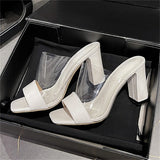 Pbong  Fashion Design Splicing PVC Transparent Open Toe Women Slippers Summer Square High Heels Party Slide Shoes