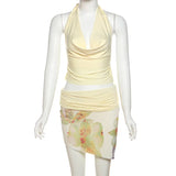 Sexy Long Skirt Two Piece Women's Set Backless Halter Top Slim Printed Elegant High Waist Skirt Summer Vacation Dress Set