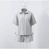 Pbong  Casual Striped Lace Up Shorts Suits  Women Lapel Half Sleeve Single Breasted Blouse Wide Leg Shorts Summer Autumn Lady New