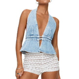 Pbong  Women's Y2K Summer Halter Neck Crop Tops Bow Tie-up Sleeveless Deep V-Neck Backless Solid Color Denim Flare Vest