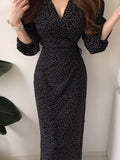 Pbong  Maxi Dresses for Women V-neck Elegant Vestidos Feminino Bandage Slim Waist Robe Puff Sleeve Vintage Korean Chic Dot Dress