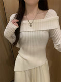 Off Shoulder Sweater Long Sleeve Ribbed Knit Sweater Fitted Pullovers Women Off-the-Shoulder Jumper Autumn Winter Outfit
