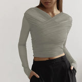 Pbong  Woman Gauze T Shirts Slim Waist Long Sleeve Tees Fashion Temperament Pleated Tops Korean Camisetas V-neck Tunic Sexy Crop Tshirt