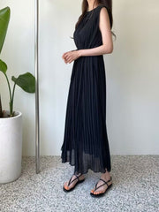 Dress for Women Vintage Dress Women Round Neck Sleeveless Pleated Dresses Female Korean Solid Slimming Lace Up Long Dresses
