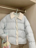 Blue Floral Patchwork Parkas Women Korean Sweet Winter Warm Puffy Coat Casual Long Sleeve Loose Preppy Style Cotton Jacket