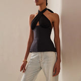 Pbong  Women Silky Halter Neck Crop Top Sleeveless Crisscross Wrap Tank Top Y2k Summer Slim Fit Backless Cami Top