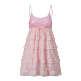 Pbong  Women Sequin Lace Edge Ruffled Mini Dress Multi-Layered Spaghetti Strap Sleeveless Cute Bow Short Dress Club Party