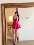 Pbong  Women's Sweet Hot Pink Mini Dress Sleeveless Square Neck A-Line Dress with Bow Decor Party bwear