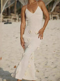 Elegant 3d Flower Sling Maxi Dress Women Deep V-neck Sleeveless Beach Dresses Summer New White Lady Chic High Street Robes