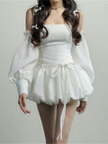 Pbong  Sweet White Tulle Dress Women Sexy Strapless Slim Mini Dress Summer Vacation Backless Pleated Lace Up Party Night Vestidos